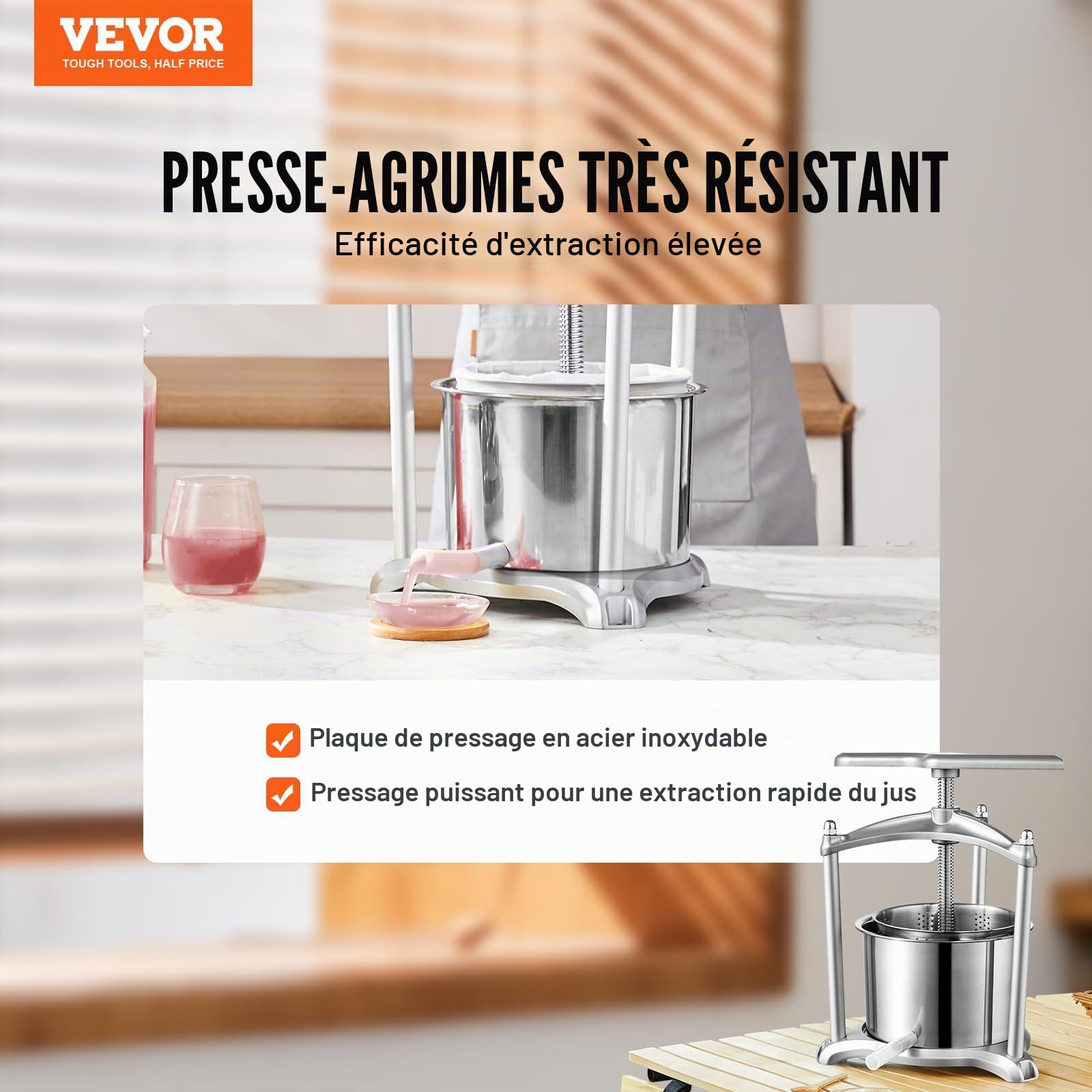 VEVOR Pressoir à Fruits Manuel 5 L Pressoir à Vin en Inox Base en Aluminium Presse-Fruits Manuel Baril Intérieur 18 x 15 cm Broyeur de Fruits Légumes pour Pressage de Vins Jus de Fruit Cidres Purées