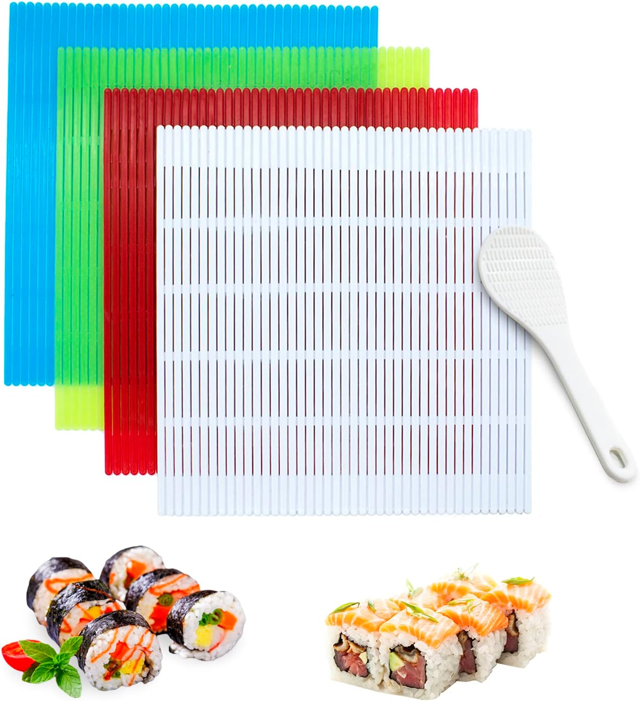 4PCS Sushi Rolling Mat, Plastic Non-Stick Homemade Sushi Roller Maker Making Kit with Rice Paddle, Japanese Sushi Mat for Home Kitchen DIY Sushi Plate Mat