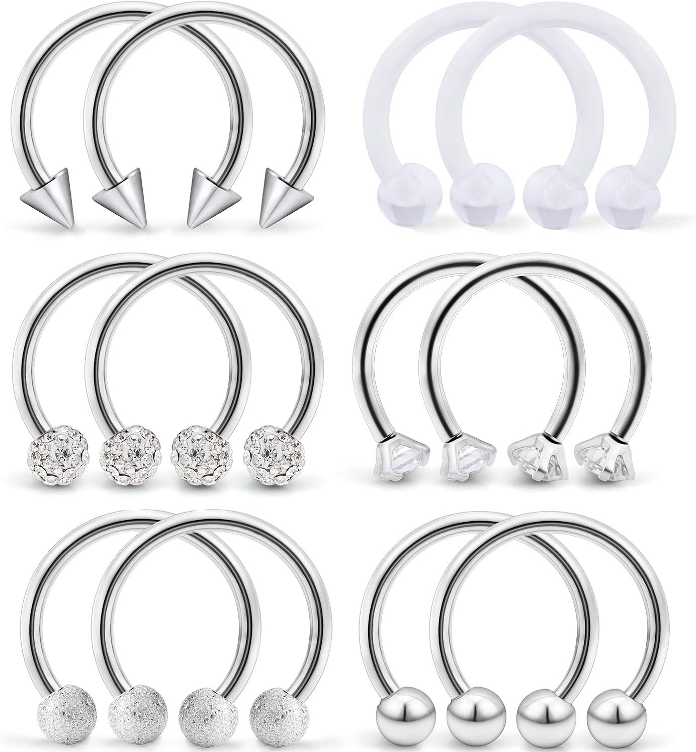 SCERRING 6 Pairs 16G 10mm Stainless Steel Nose Horseshoe Hoop Rings Eyebrow Lip Ear Tragus Cartilage Daith Septum Retainer Body Piercing Jewelry Clear CZ