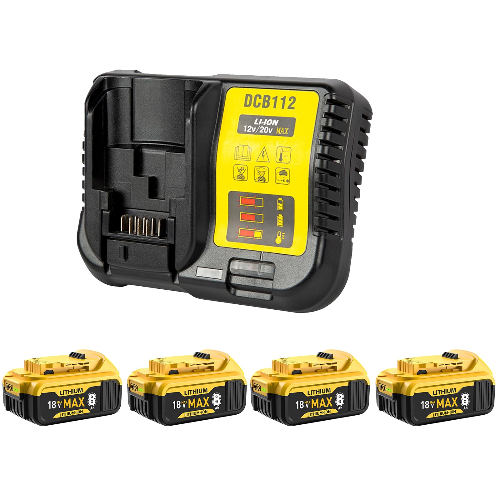 4PCS 18V 8000mAh DCB184 Replacemnet for Dewalt Battery with DC112 Compatible with Dewalt Battery and Charger DCB180 DCB181 DCB-182 DCB-183 DCB-184B-XJ DCB185 DCB200 (4Battery+Charger) — image 1