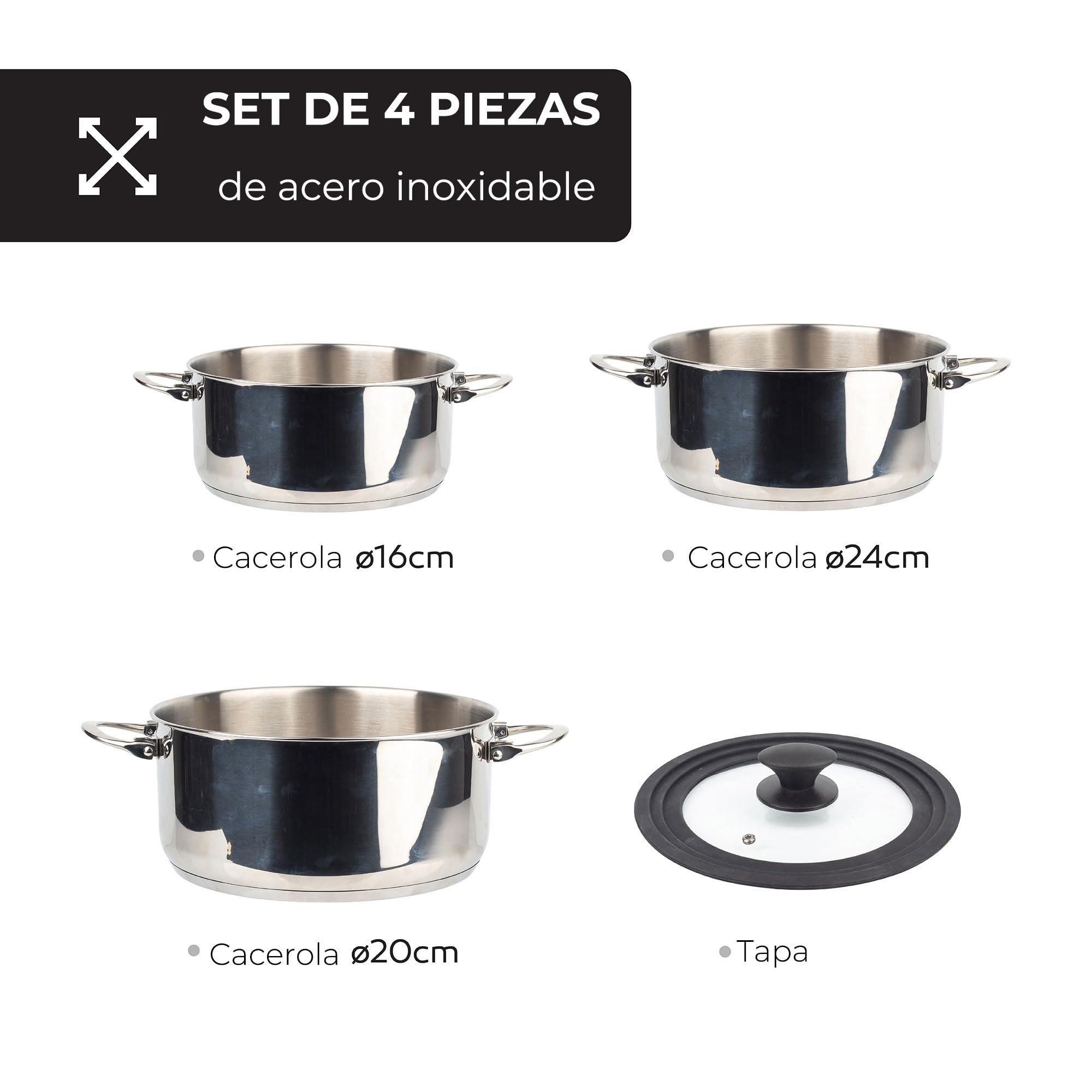 Set de batería de cocina en acero inoxidable + 3 sartenes Ø18Ø22Ø26cm en aluminio prensado + 5 boles de cristal con tapas San Ignacio