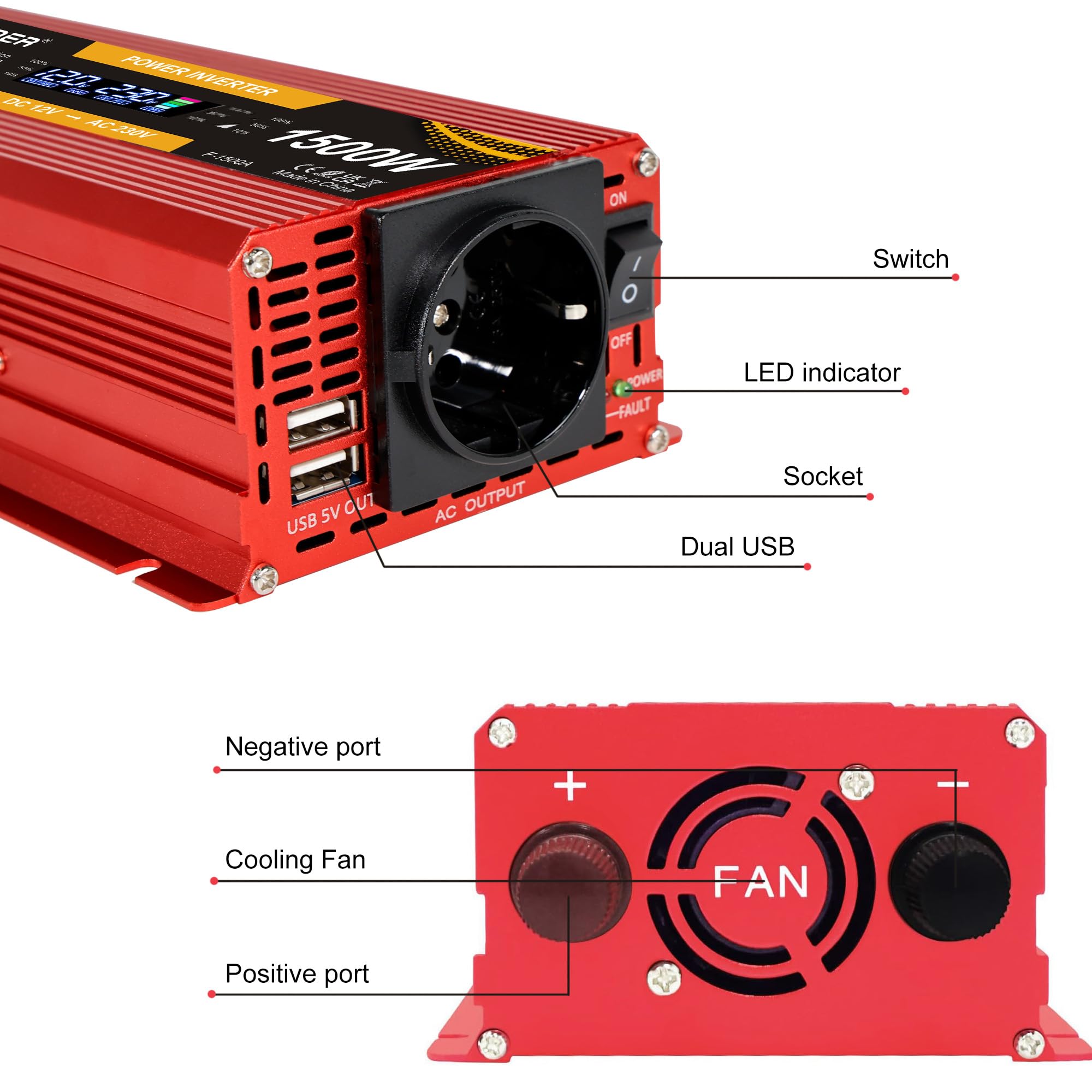 Convertitore di Tensione 750 W/1500 W 220 V LCD 2 USB Trasformatore di Tensione 220 V