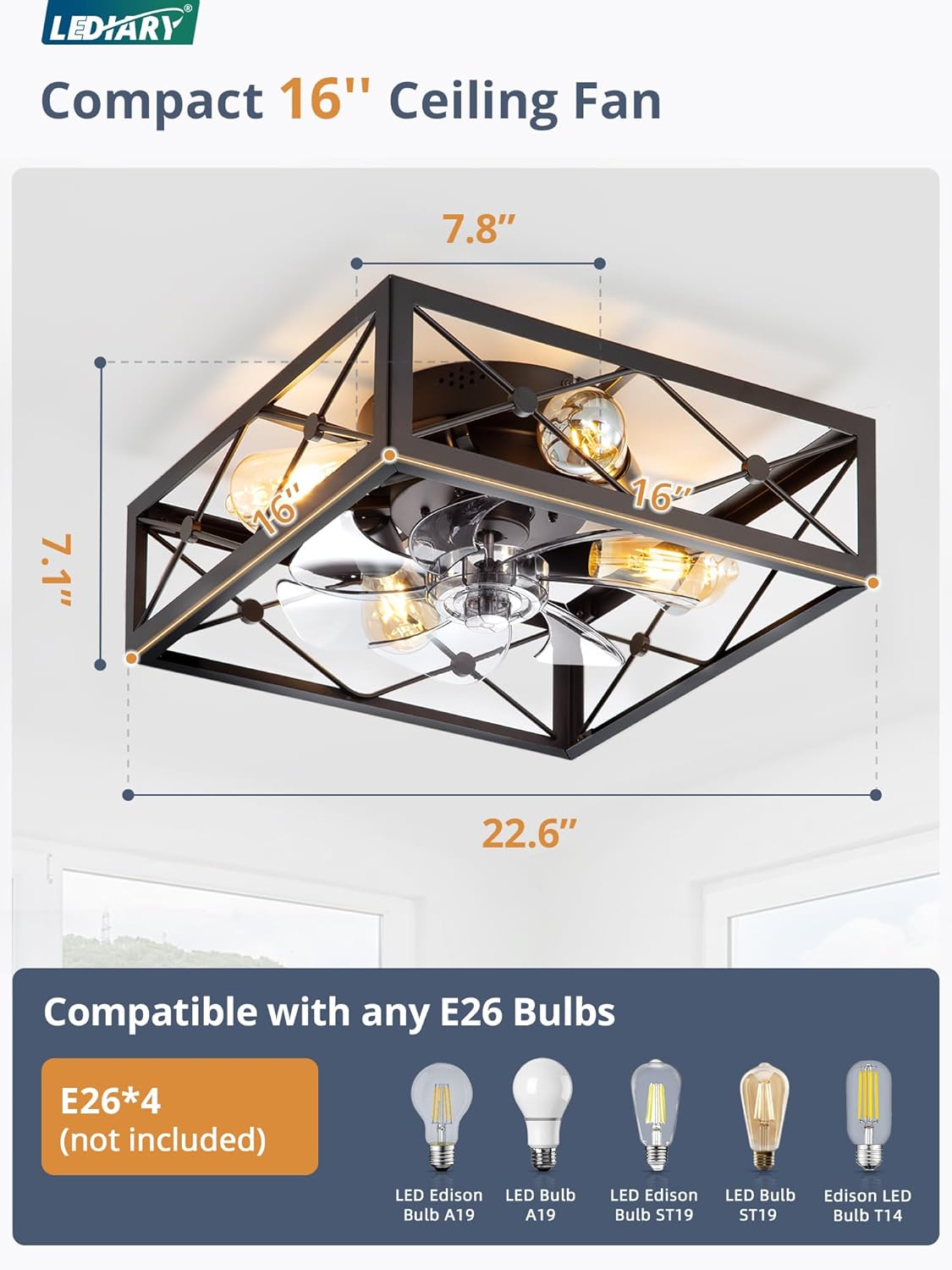 LEDIARY Caged Flush Mount Ceiling Fans with Lights and Remote, Black Square Rustic Low Profile Ceiling Fan, 6 Speed and Reversible, Small Farmhouse Bladeless Ceiling Fan for Bedroom, Kitchen, Indoor