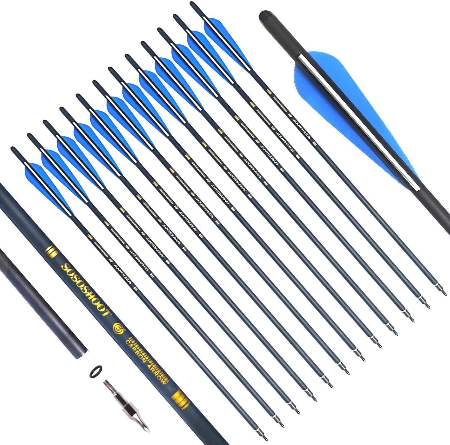 12Pcs 20 Inch Crossbow Bolts Carbon Arrows 8.8mm Shaft Half Moon Nocks W/Removable Tips for Crossbow Archery Bow Hunting