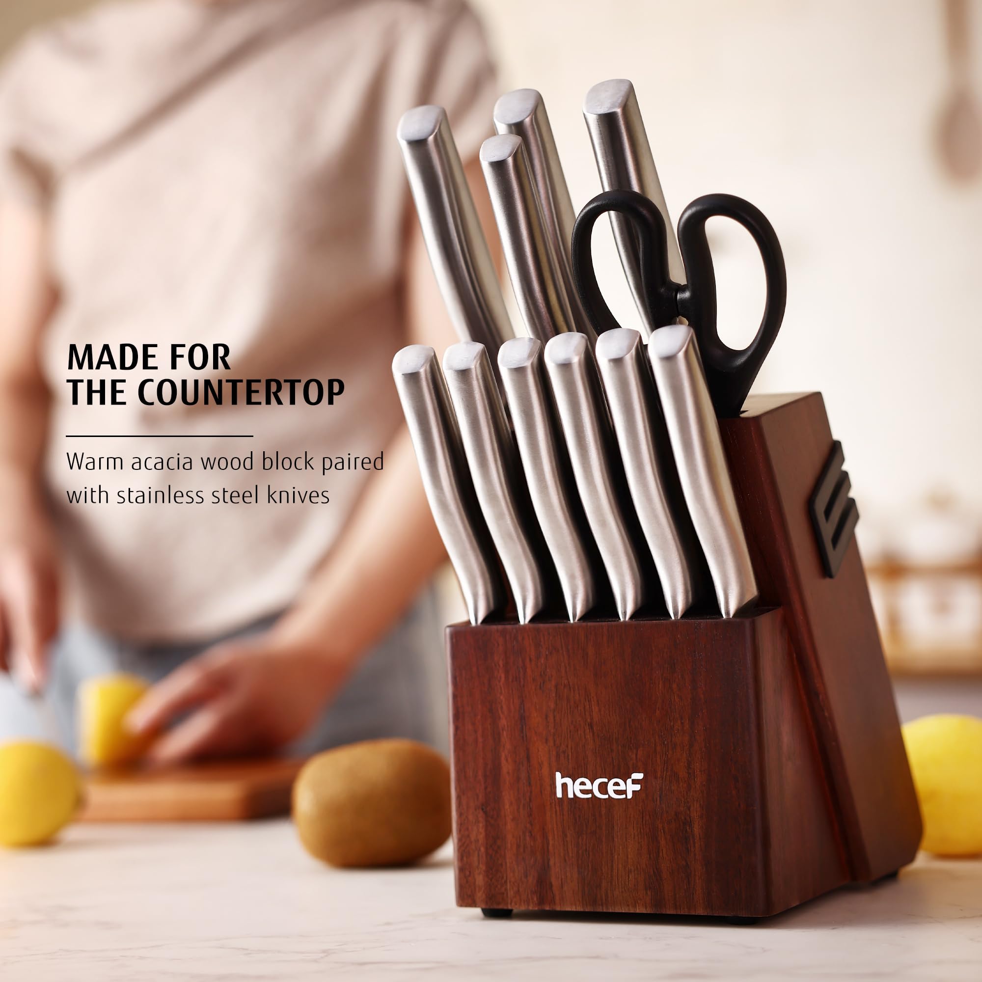 hecef Set coltelli da cucina inox con ceppo e affilatore integrato