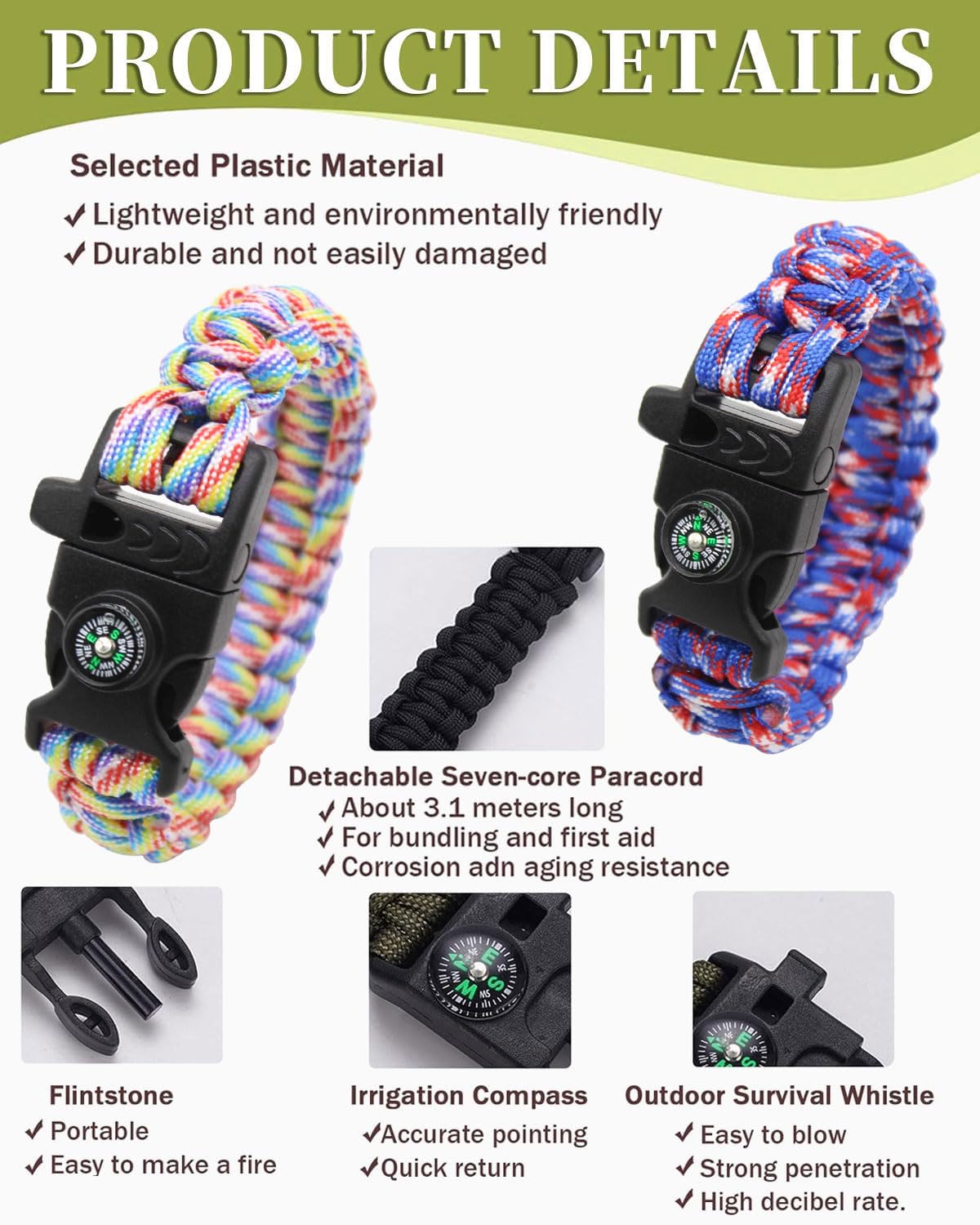 2 pezzi Bracciale in corda di paracadute intrecciata,bracciale di sopravvivenza all'aperto,bracciale in corda di paracadute multiuso,fischietto,bussola(come mostrato nella figura 2)