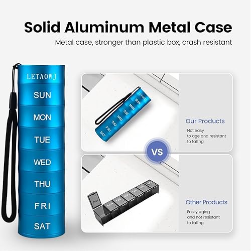 Miniatura 10 de Organizador de pastillas apilable de viaje semanal, pastillero de metal de gran capacidad, compartimento de 7 días, caja de medicina, contenedor de