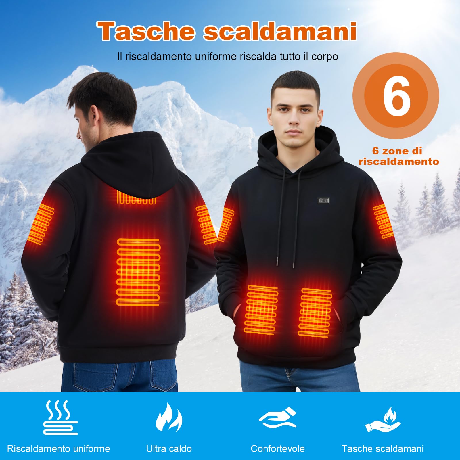 Felpa con Cappuccio Riscaldante con Interno in Pile per Uomo e Donna, Batteria 7.4V 20000mAh - Giacca Termica Intelligente 6 Zone, 3 Livelli di Calore per Outdoor, Campeggio, Escursionismo