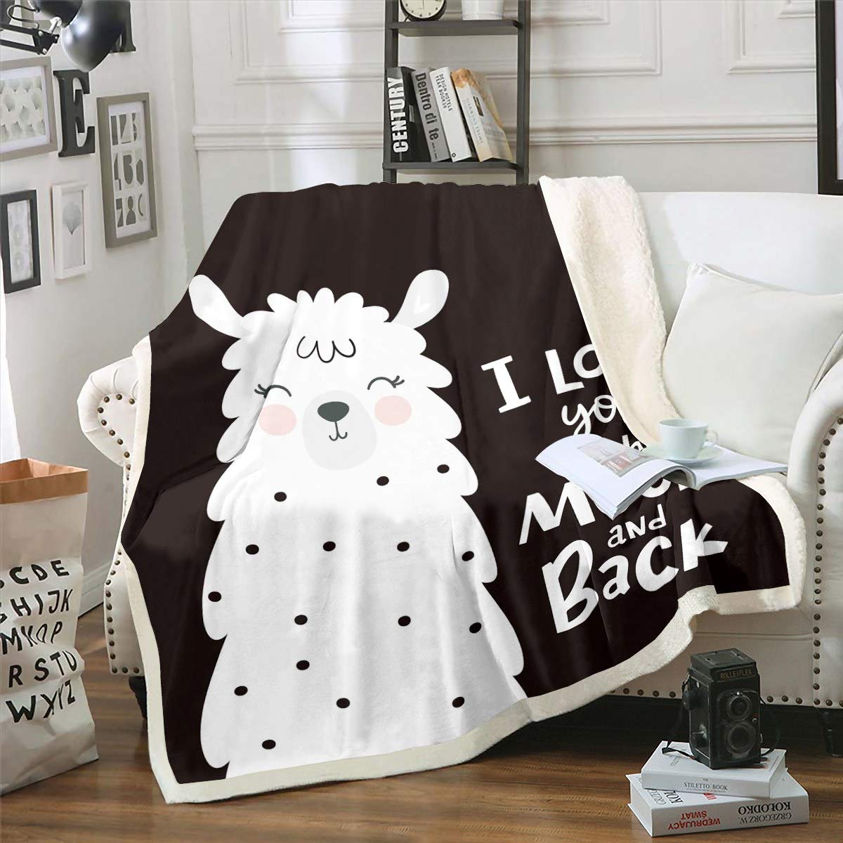 Loussiesd Kids Cute Llama Plush Cartoon Llama Alpaca Pattern Fleece Sherpa Blanket Black White Animal Theme for Sofa Couch Lovely Wildlife Flannel Blanket King 87"*94" — image 1