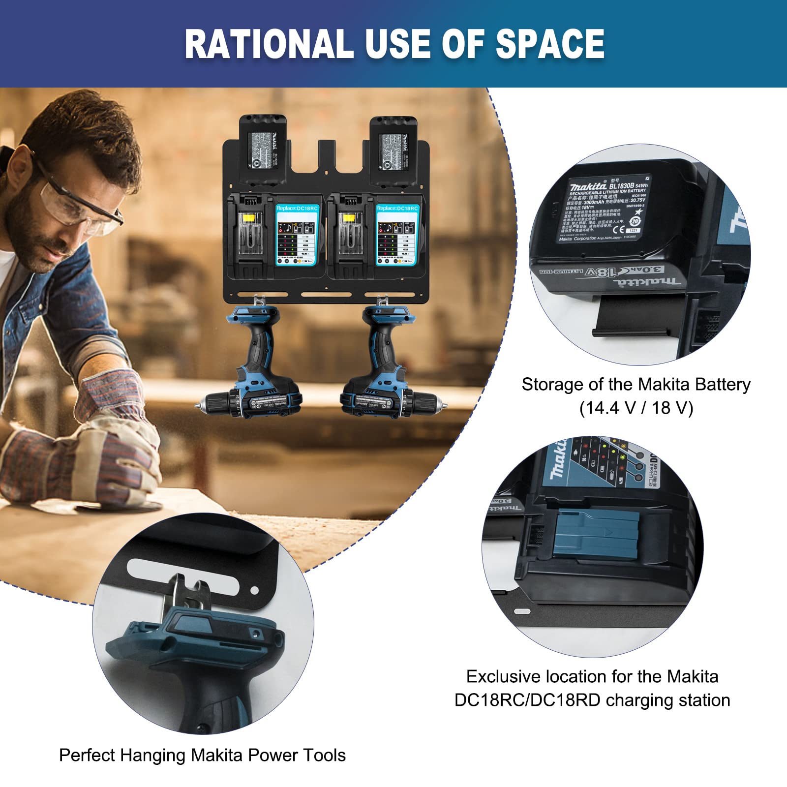 Riuog Wall Mount for Makita Battery Holders and Chargers Wall Mount, Stable 4 Piece Battery Holder 18V 14.4V and Charger Holder and Cordless Drill Driver, Order in Workshop and Garage