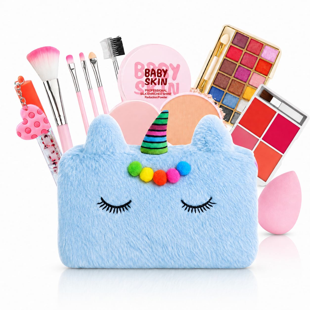 Real Kids Makeup Kit for Girls | 15 Pcs Unicorn Pouch Beauty Set | Washable Play Makeup Kit with Eyeshadow, Blush, Compact Powder, Lip Gloss, Beauty Blender & Brushes | Birthday Gift for Ages 7–16-image-25