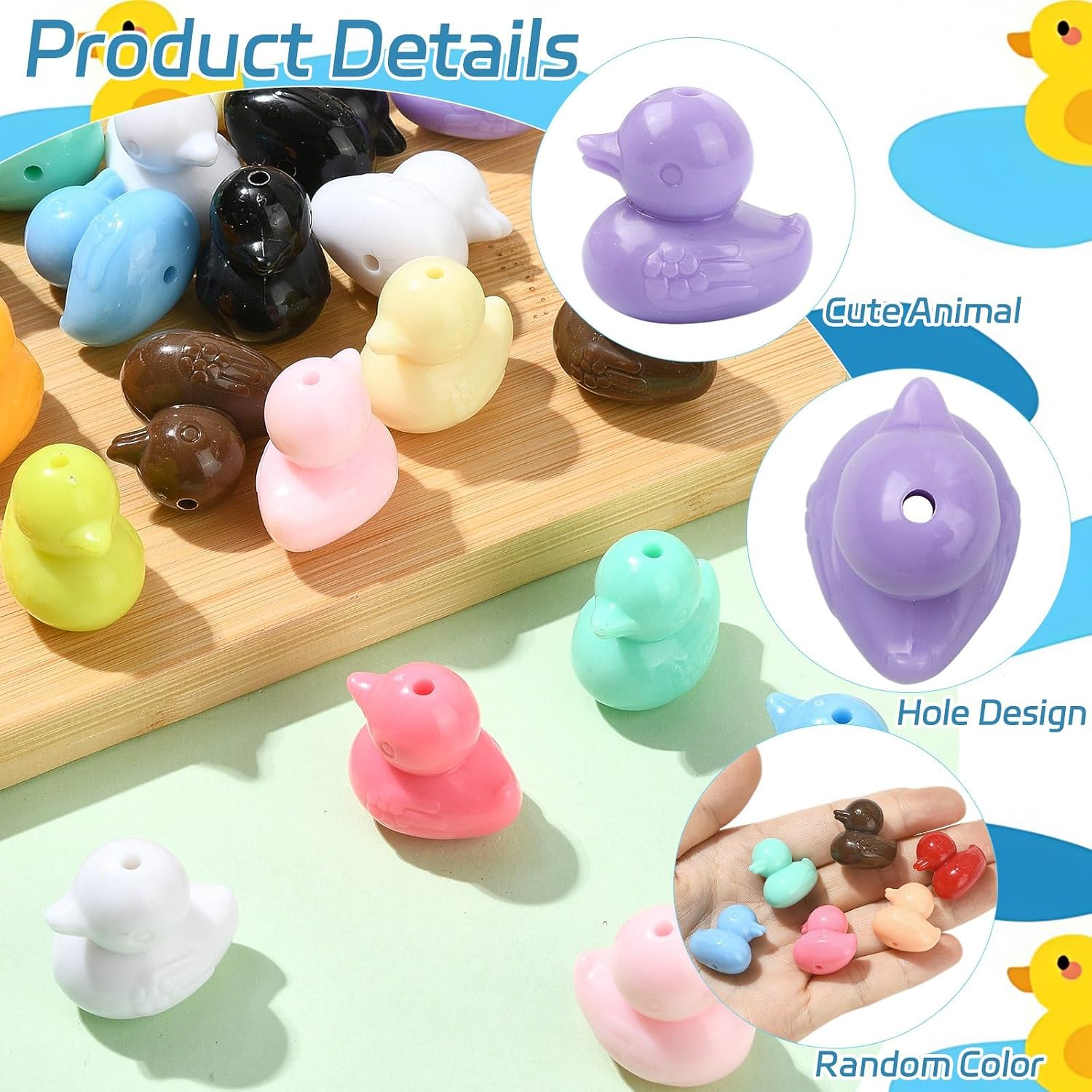 Ornazy 130Pcs 3D Cute Little Duck Spacer Beads Colorful Opaque Acrylic Farm Animal Beads for Jewelry Making Keychain Pen Crafts