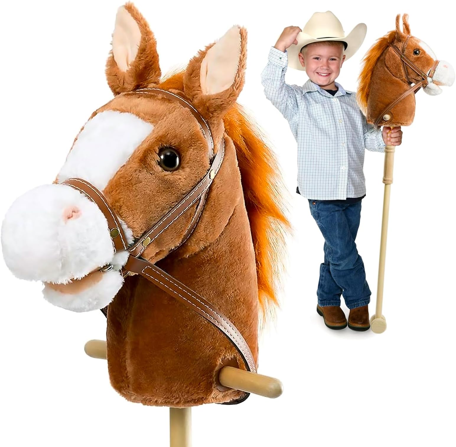 HollyHOME Outdoor Stick Horse with Wood Wheels Real Pony Neighing and Galloping Sounds Plush Toy Dark Brown 36 Inches(AA Batteries Required)