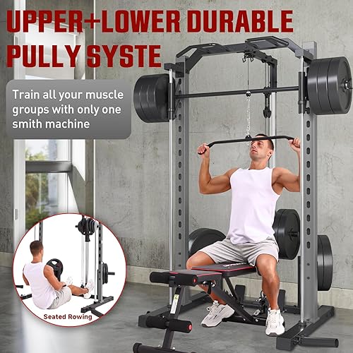 Miniatura 3 de OPPSDECOR All-in-One Adjustable Smith Machine with LAT-Pull Down System Multi-Function Power Cage for Home Gym Cable Crossover Squat Rack of Workout