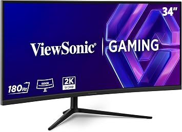 ViewSonic VX3418C-2K 34 inch Ultrawide Curved Gaming Monitor, UWQHD 3440 x 1440, 180Hz, 1ms MPRT, VA, 1500R, Built-in Speakers, Ergonomic, FreeSync Premium Compatible, HDR10, 2 x HDMI, 2 x DisplayPort