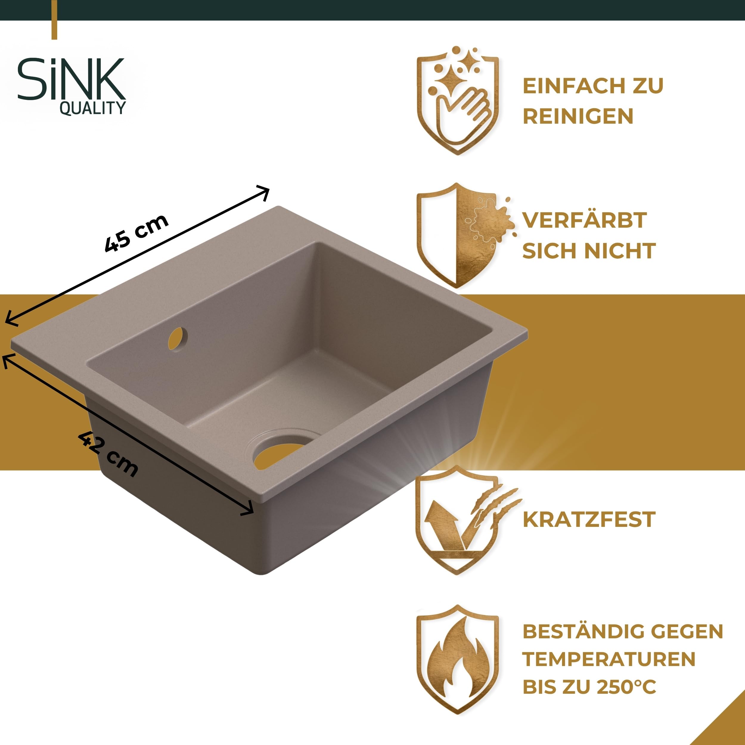 SINK Quality beżowy zlewozmywak z armaturą zestaw 45 × 42 cm – zlewozmywak z kranem, syfonem i impregnacją – kompletny zestaw z granitu – zlewozmywak do szafki pod umywalkę od 45 cm