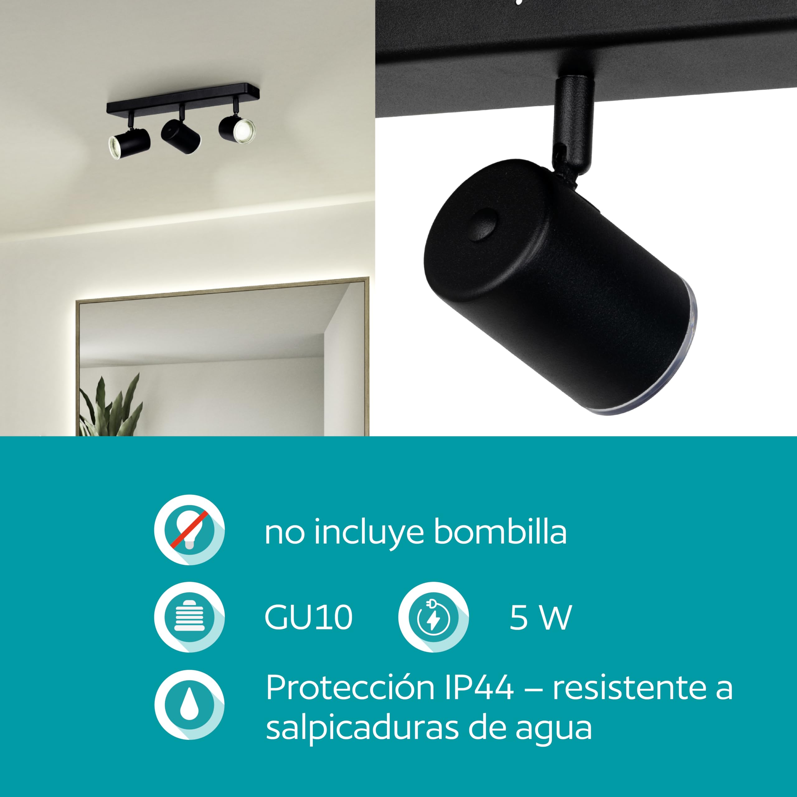 Eglo Consuma 1 Lámpara de techo con 3 focos, para salón y baño, fabricada en acero de color negro, con casquillo GU10 y protección contra salpicaduras IP44