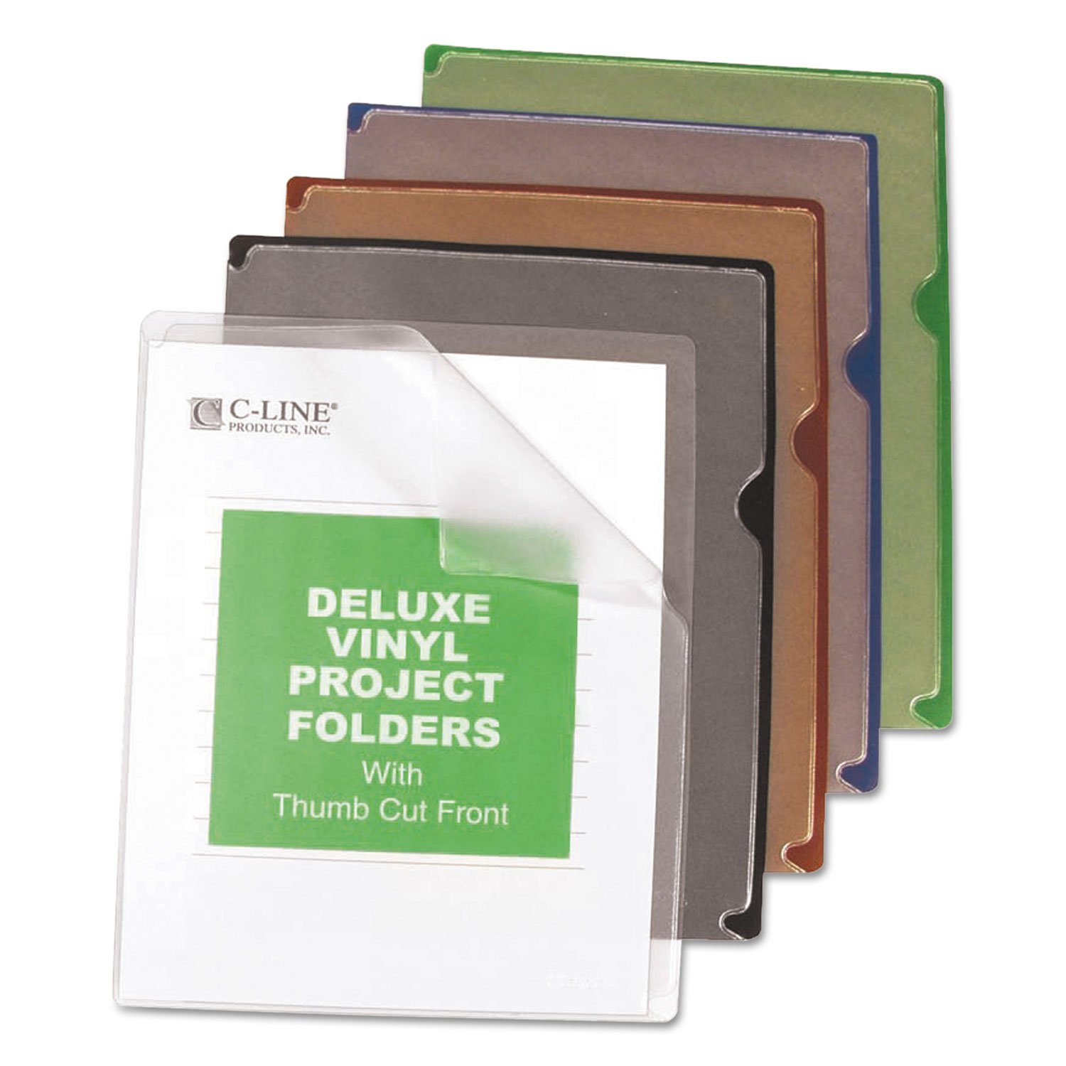 C-Line 62150 Deluxe Project Jacket Folders, Letter, Vinyl, Black/Blue/Clear/Green/Red, 35/Box
