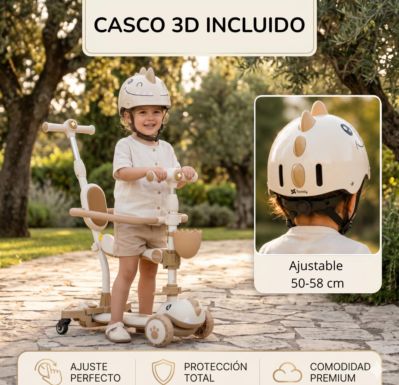 Twinly Dinly Patinete Evolutivo 3 en 1 con Asiento y casco incluido, Rosa | Manillar parental ajustable, ruedas LED, plegable y hasta 30 kg.