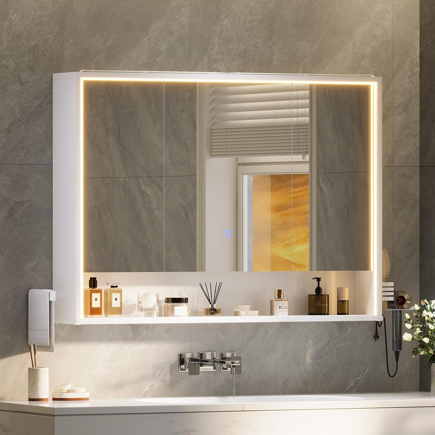 3 Door Bathroom Mirror Cabinet 100cm Wide with LED Lighting, Socket & Touch Sensor – 3 Light Colours Dimmable Includes Hair Dryer Holder, Towel Rail & 4 Adjustable Shelves – White