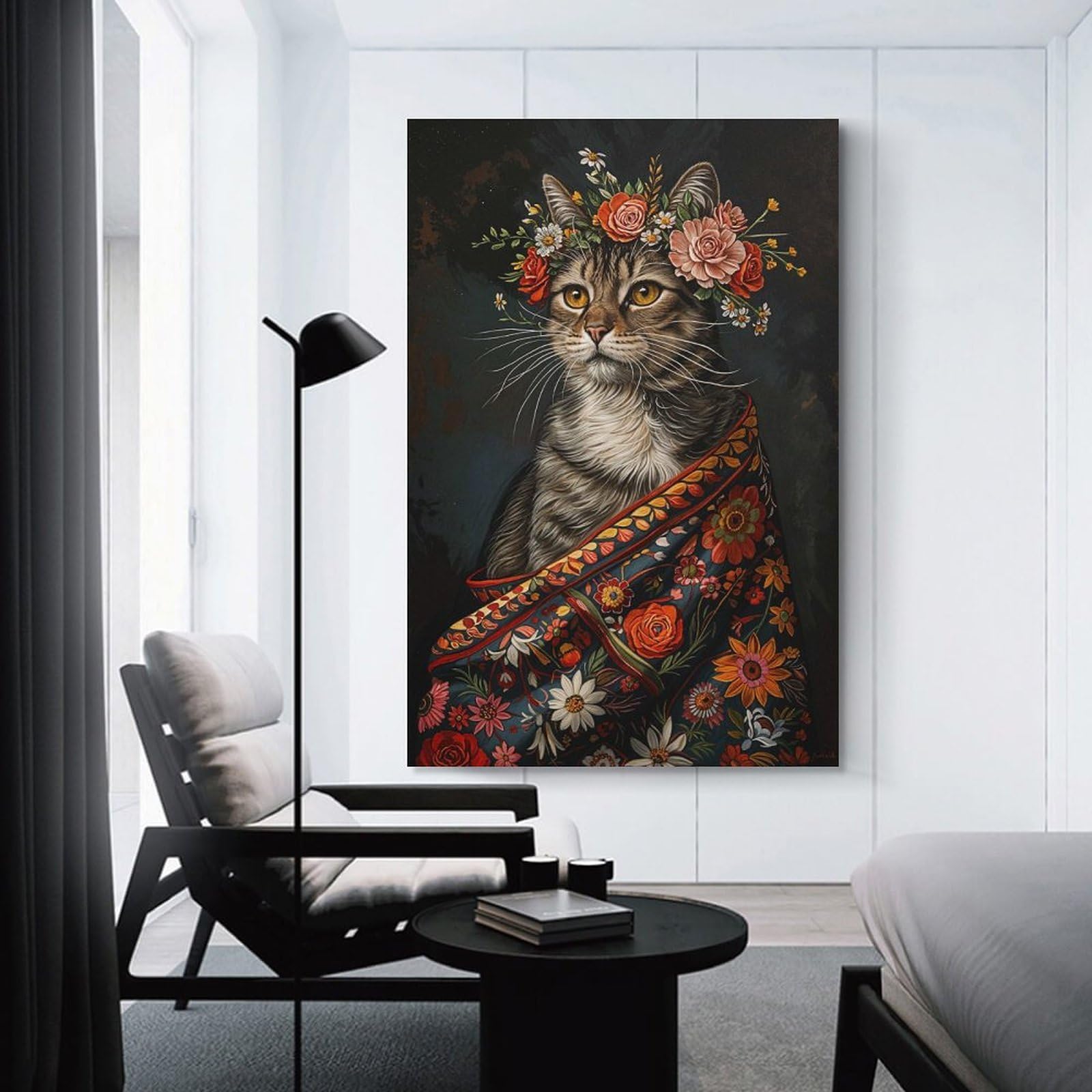 Junmoney Cat with Flowers Canvas Art Print 20x30inch(50x75cm), for Gallery Wall Layouts in Home Or Office, Decorative Artwork with Flexible Styling