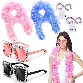 2 Pack LED Feather Boa Includes 2 Pcs Feather Boa 2 Pieces 20 LED String Lights and 2 Square Rhinestone Sunglasses for Hal...
