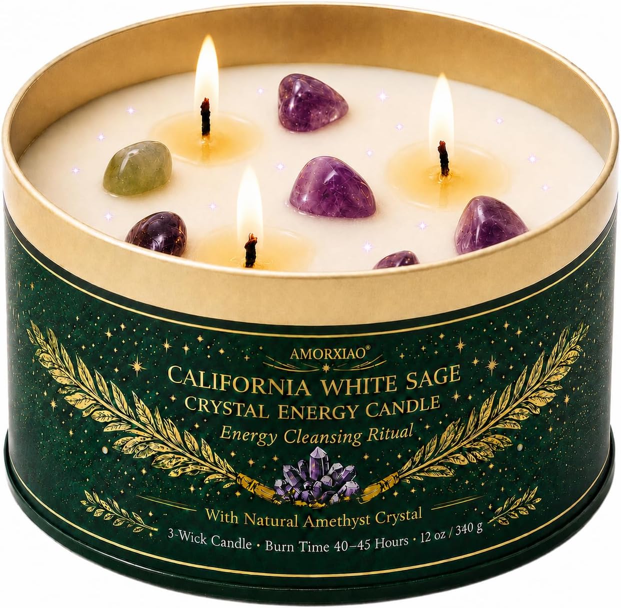 White Sage Candle for Cleansing with Crystals, 12 oz 3-Wick Soy Candle