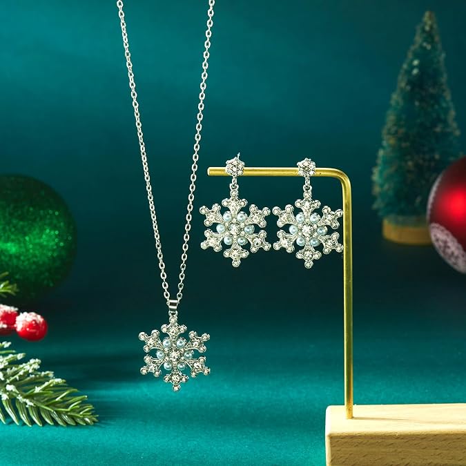 Sparkling Snowflake Necklace Earring Set for Women Christmas Snowflake Winter Dangle Earrings Colorful Zircon Pearl Snowflakes Multiple Pendant Necklace Christmas Jewelry Gifts