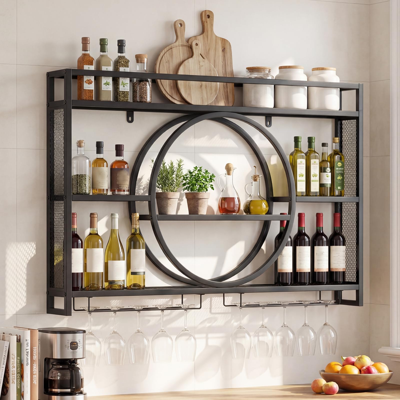 TANGZON Wall Mounted Wine Rack, 5-Tier Metal Wine Bottle Display Shelf with 2-Row Glass Holder, Liquor Storage Organizer for Home Bar Cellar Kitchen Dining Living Room (Black)