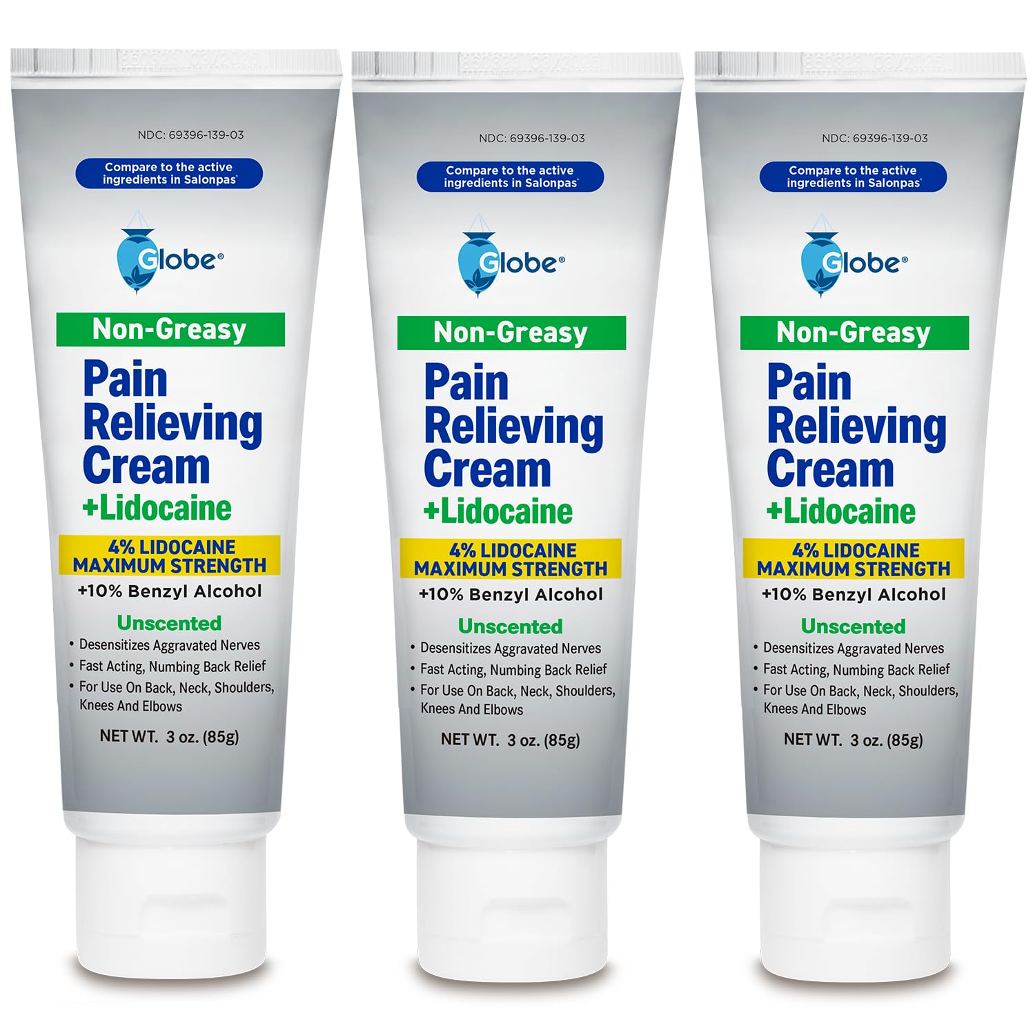 Globe Lidocaine 4% Pain Relieving Cream, Maximum Strength, 3 Pack, 3 oz