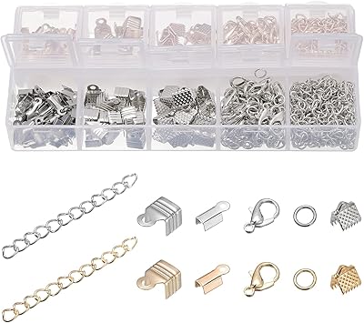 uxcell Jewelry Making Kit, Ribbon Clasp Crimp Ends & Fold Over Cord Ends with Extension Chains, Lobster Clasps, Jump Rings for DIY Craft Making, 520Pcs