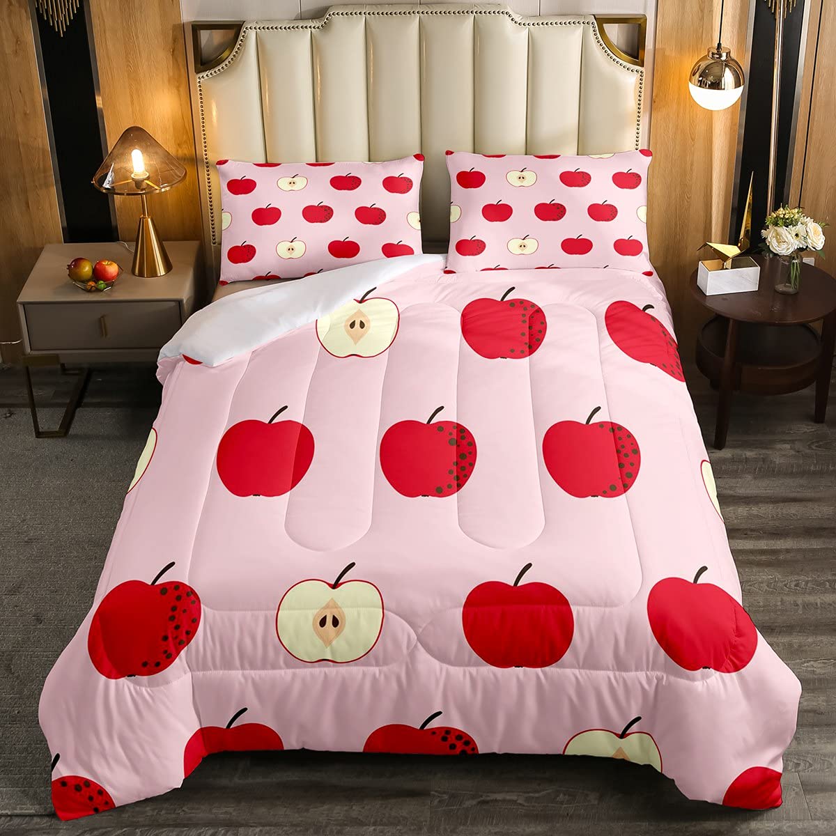 Juego de ropa de cama de manzana con relleno de frutas tropicales rojas, para niños y niñas, acuarela, color rosa manzana, edredón geométrico de plumón, 2 piezas, tamaño individual