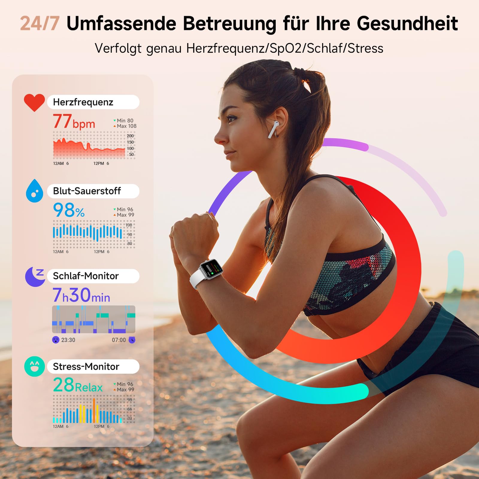 Smartwatch Damen 1.85" Smart Watch mit Alexa, Herzfrequenz/SpO2/Kalorien/Stress- und Schlafmonitoring, IP68 Wasserdicht Sportuhr mit Telefonfunktion, 100+ Sportmodi Fitnessuhr für Samsung Android iOS