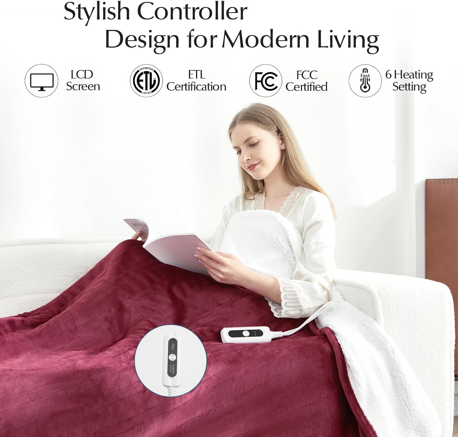 Electric Heated Blanket Twin Size, Soft and Cozy Thickened Flannel and Sherpa Electric Blanket for Bed, Automatic Safety System 6 Heating Levels & 10 Hours Auto-Off, 62"x84" Garnet - Image 2