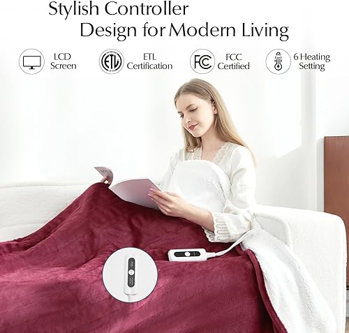 Miniatura 2 de Electric Heated Blanket Twin Size, Soft and Cozy Thickened Flannel and Sherpa Electric Blanket for Bed, Automatic Safety System 6 Heating Levels &