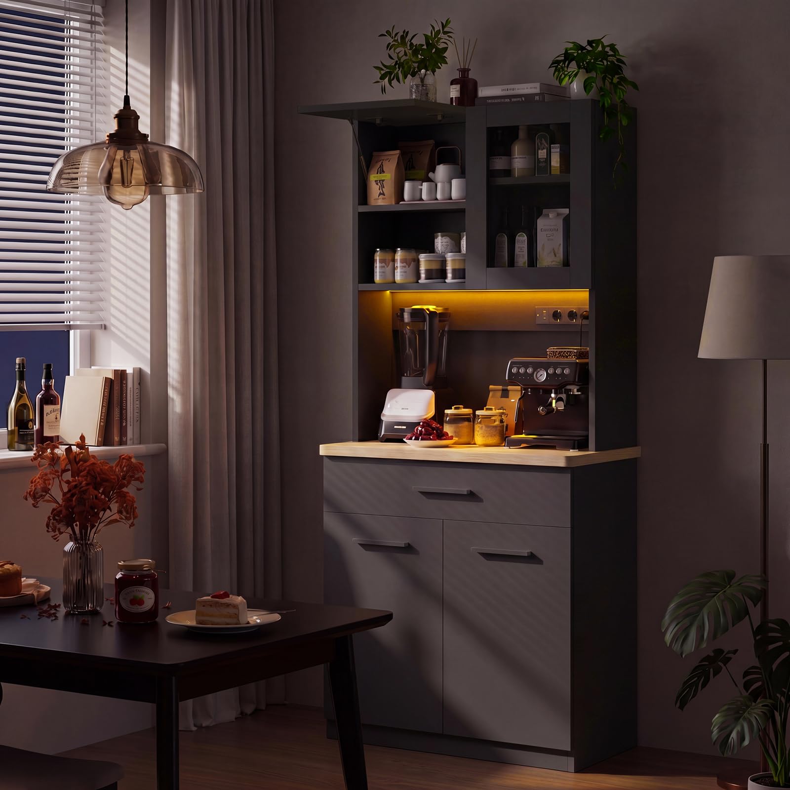 Devoko Küchenschrank mit Arbeitsplatte & Steckdose, Buffetschrank LED Soft-Close, Vorratsschrank Höhenverstellbar Verstärkte Rückwand, Mehrzweckschrank Küche Wohnzimmer, Schwarz