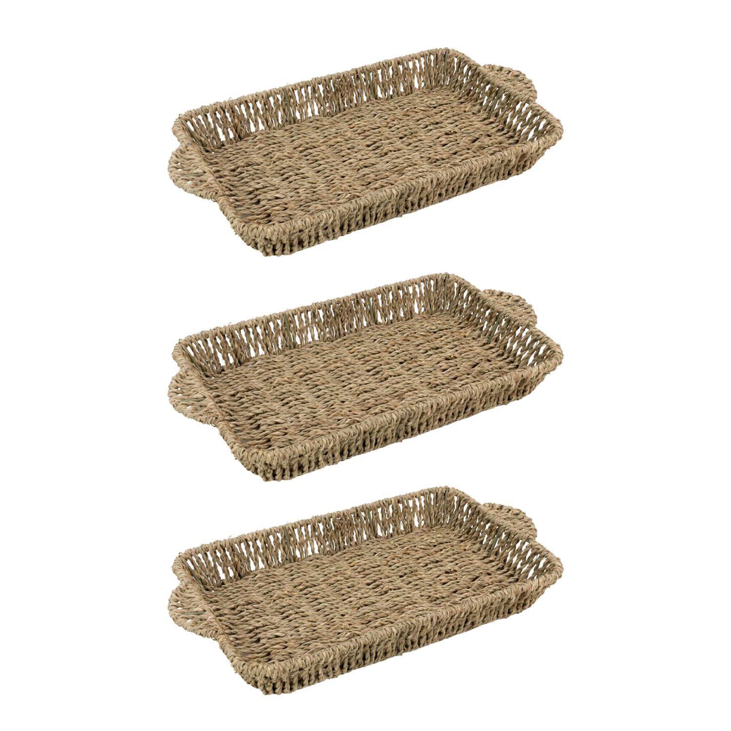 JVL Set of 3 Rectangular Seagrass Storage Tray with Handles – Hand Woven Natural Basket for Home Organisation, Brown