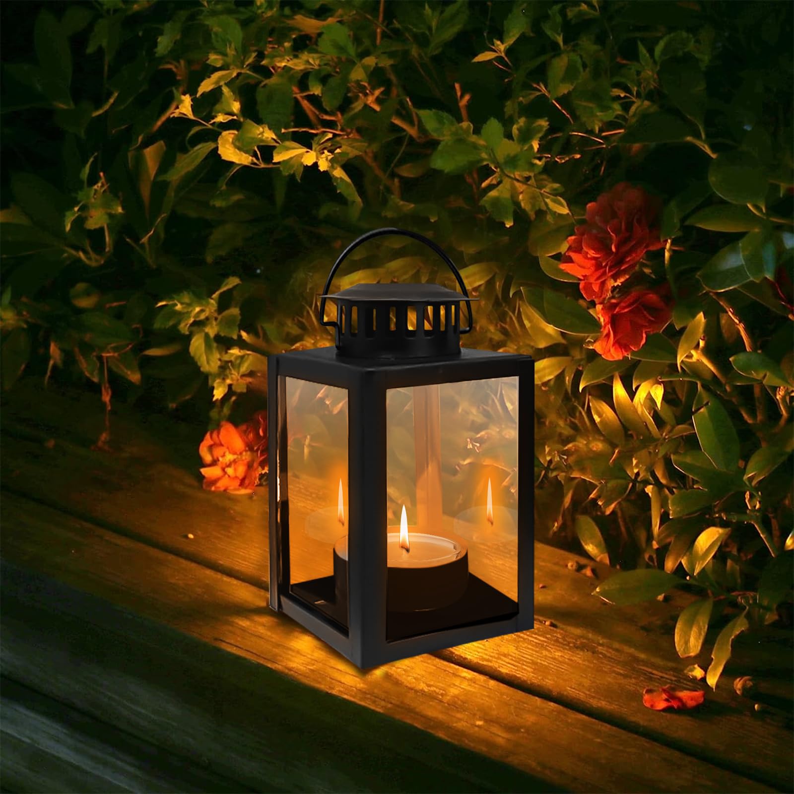 4 lanterne per esterni, 6 x 10,1 cm, lanterne per candele, lanterne da giardino, lanterne da giardino per portacandele, piccola lanterna in metallo per tavolo da caffè, caminetto (nero)