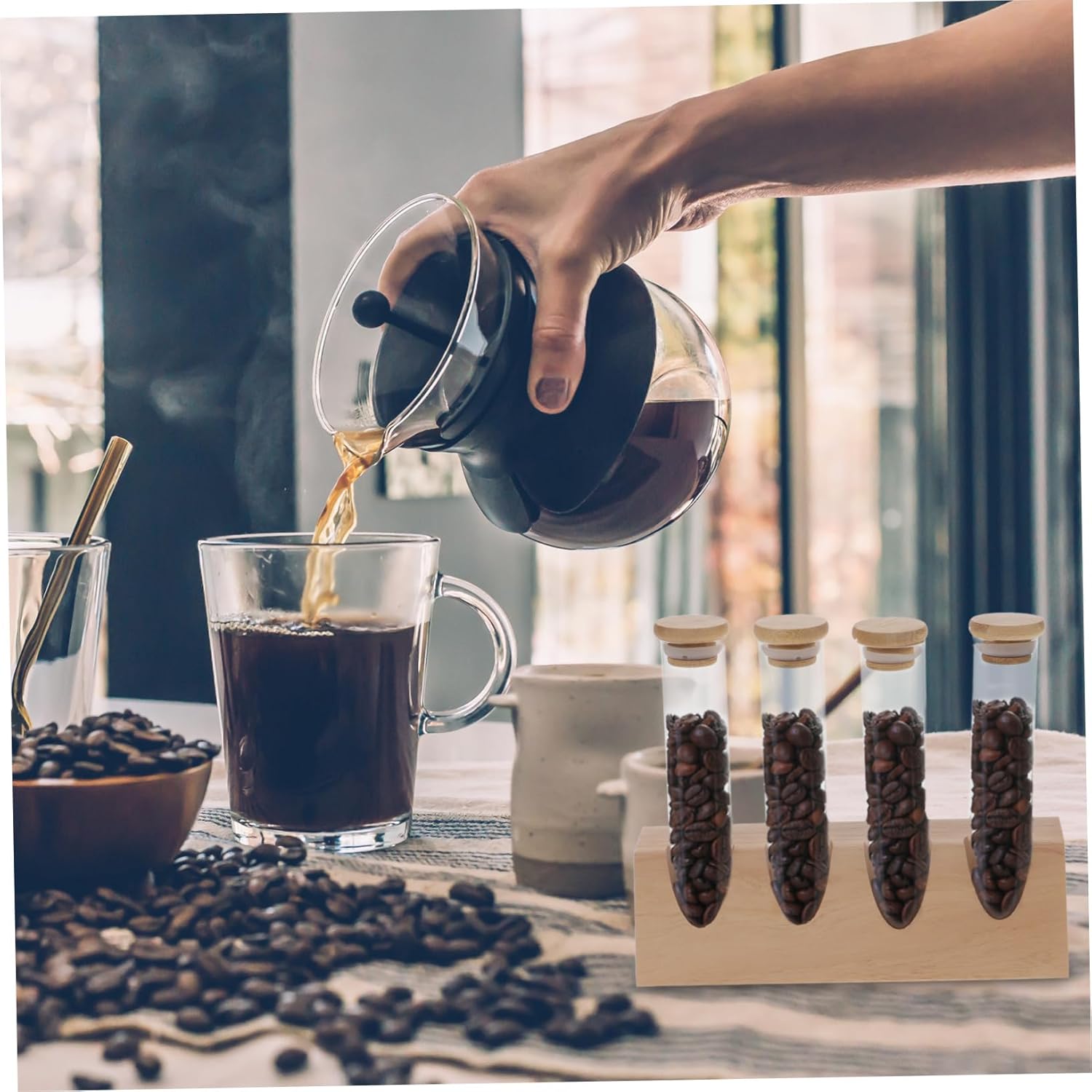 KICHOUSE 1set Glass Coffee Bean Storage Tube Wooden Stand Airtight Canisters for Coffee Beans Tea and Spices Compact Display Jars for Kitchen Organization
