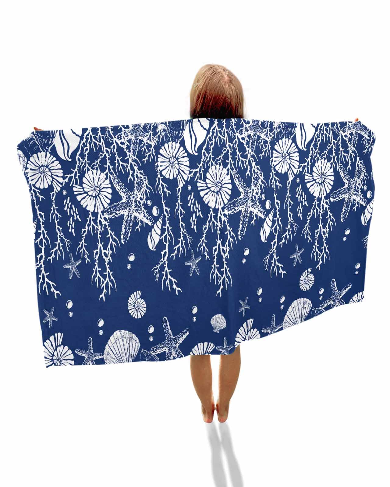 Chic D Starfish Coral Navy Blue Ocean Beach Beach Towels, Absorbent Microfibre Large Beach Towels Quick Dry Sand Free Travel Towel for Pool Yoga Gym Camping(30x60inch)