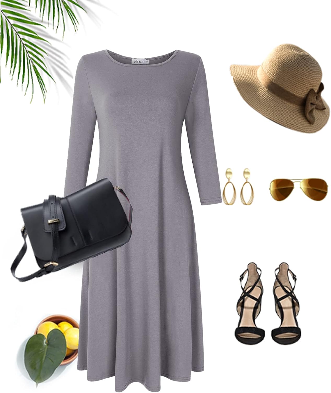 MISSKY 3/4 Long Sleeve Pocket Loose Midi Casual Dresses for Women (M,LGrey6#) - Image 3