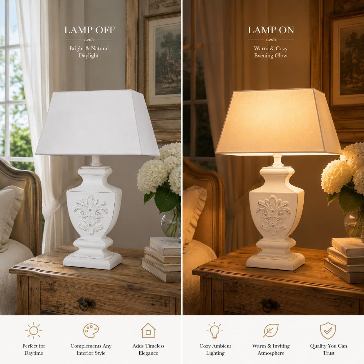 Vintage Tischlampe Landhausstil Weiß 53 cm–Shabby Chic Nachttischlampe mit rechteckigem Stoffschirm, Holzfuß, E27 Fassung, Tischleuchte für Schlafzimmer, Wohnzimmer & Flur Ideal für Nostalgie Lampe
