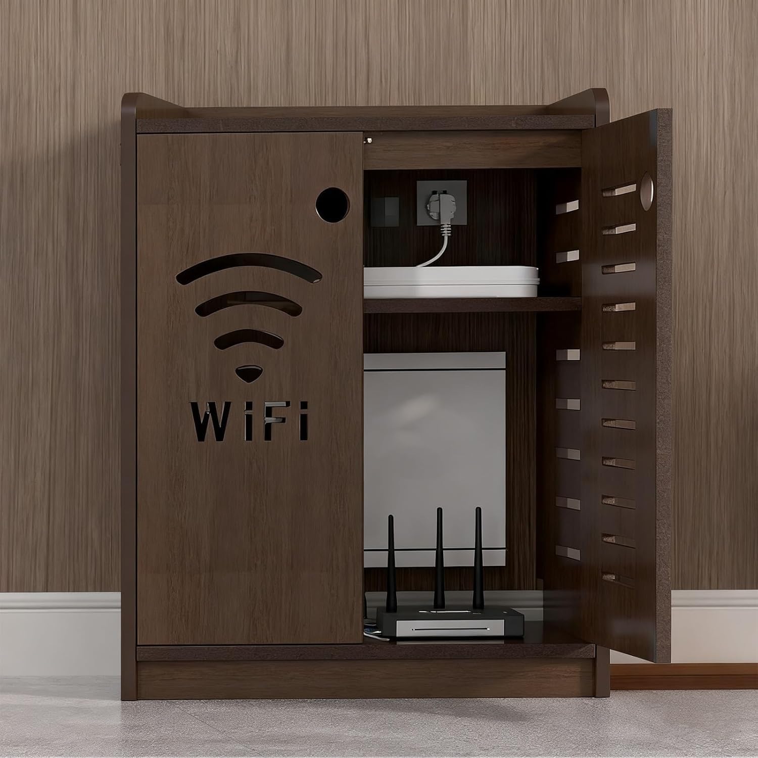 Étagère murale WiFi et cache modem ventilé | Organiseur câbles multiprise