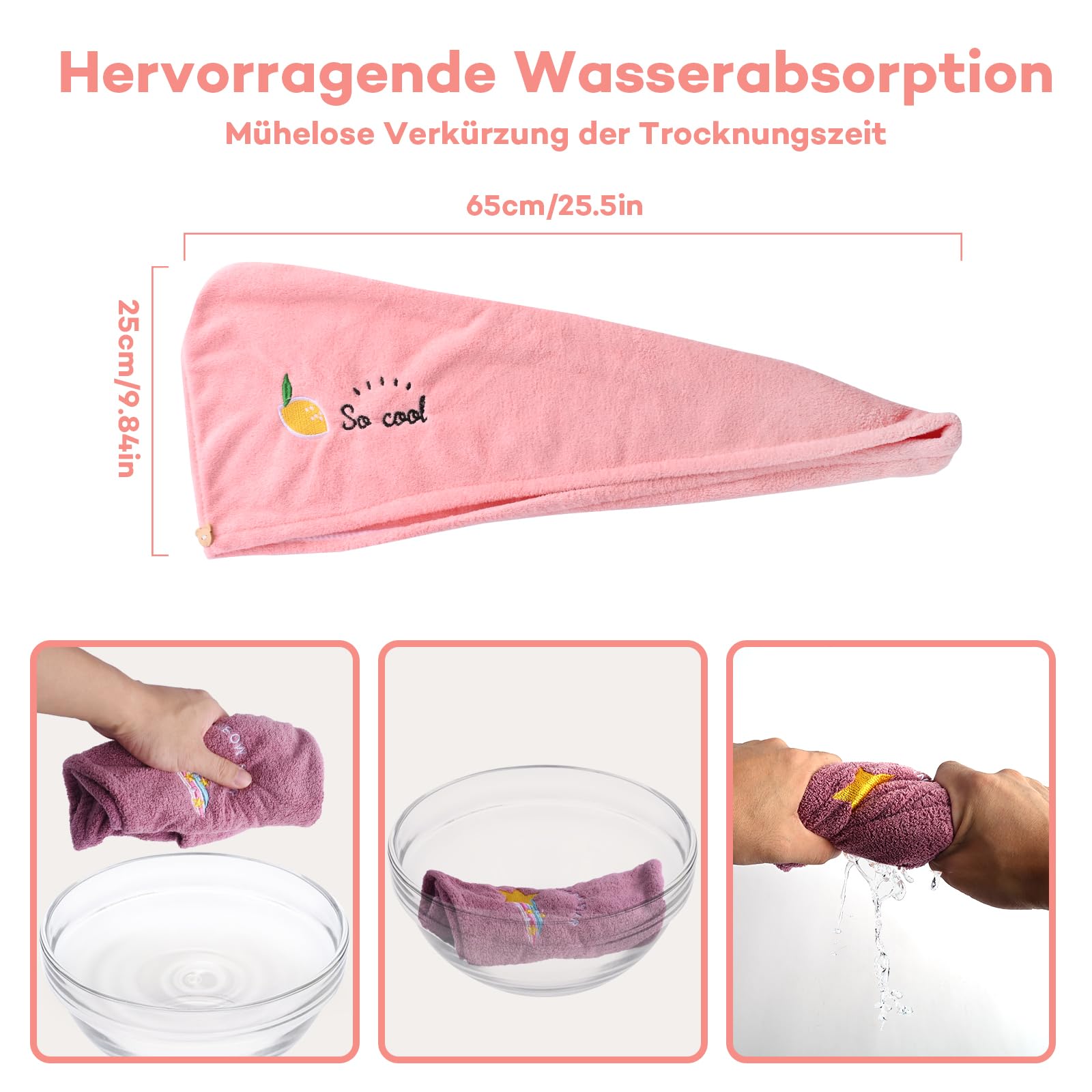 Mikrofaser Haarturban – 3 Stück Set (lila, Rosa, Grün), Schnelltrocknend, Super Saugfähig, Mit Knopf, Für Frauen & Kinder, 63x25 Cm