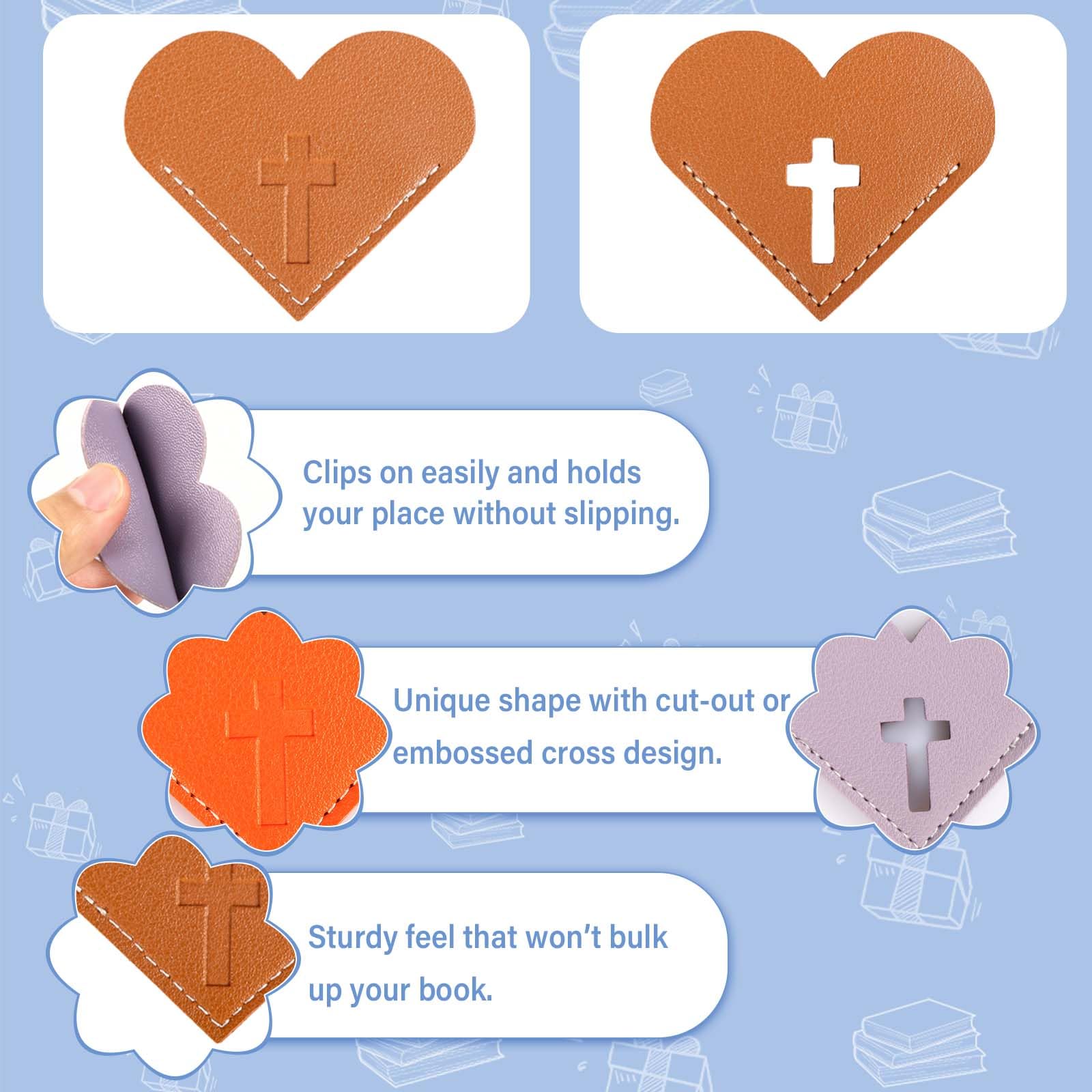 8 Pcs Leather Heart Bookmarks with Cross Design, Christian Gifts for Women, Book Accessories and Gifts for Church or Book Club(Cut-Out)