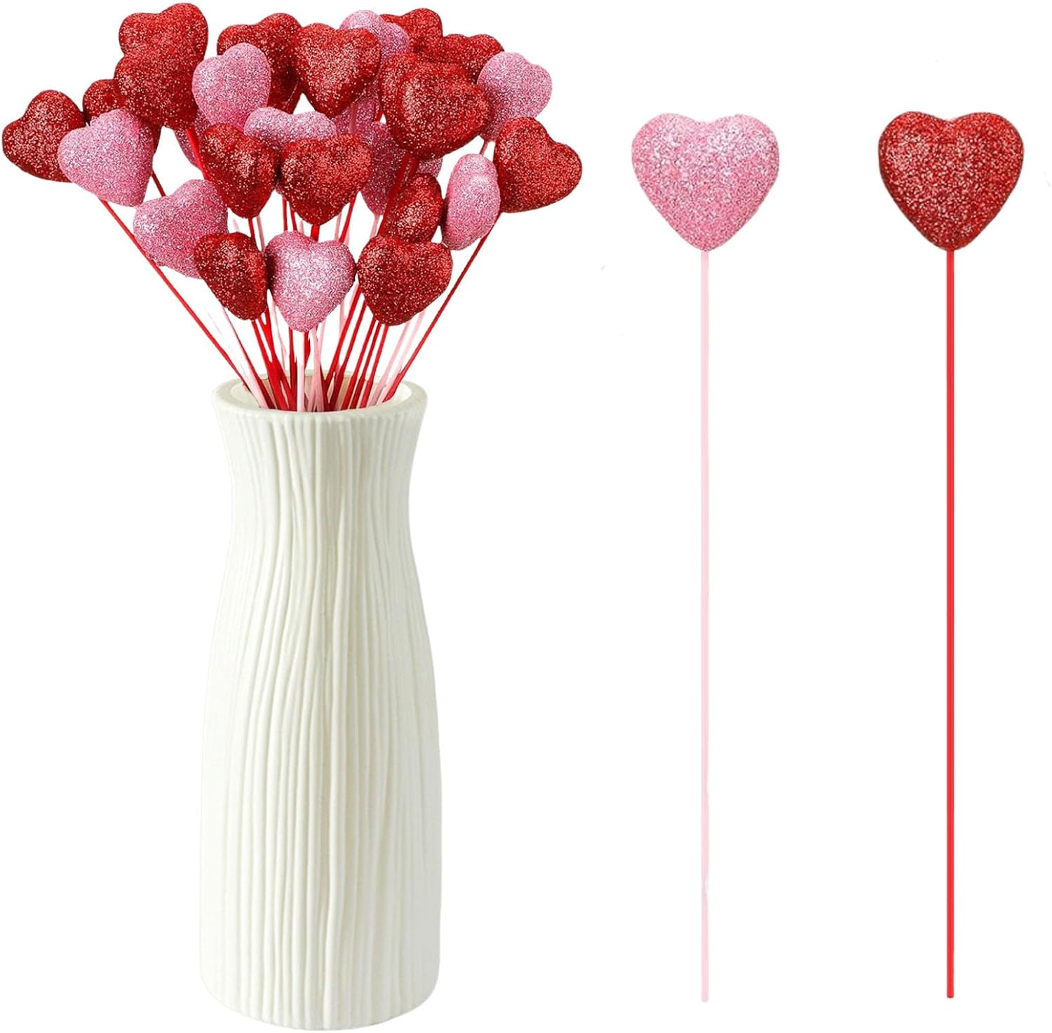 12 Pcs Valentine's Day Glitter Foam Heart Picks - Red Pink Sparkly Puffy Heart Sticks for Flower Arrangements Weddings Party Crafts Decorations