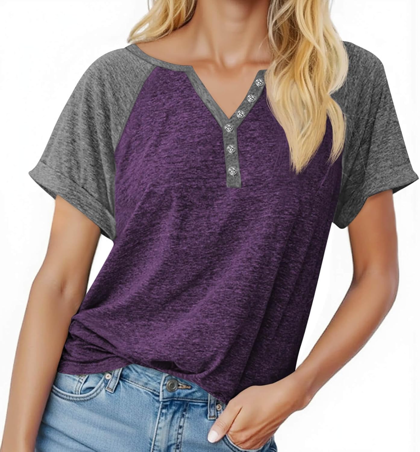 MaQiYa Womens V Neck Basic Tops Color Block Tunic T Shirts Summer Short Sleeve Casual Cotton Tees Shirts