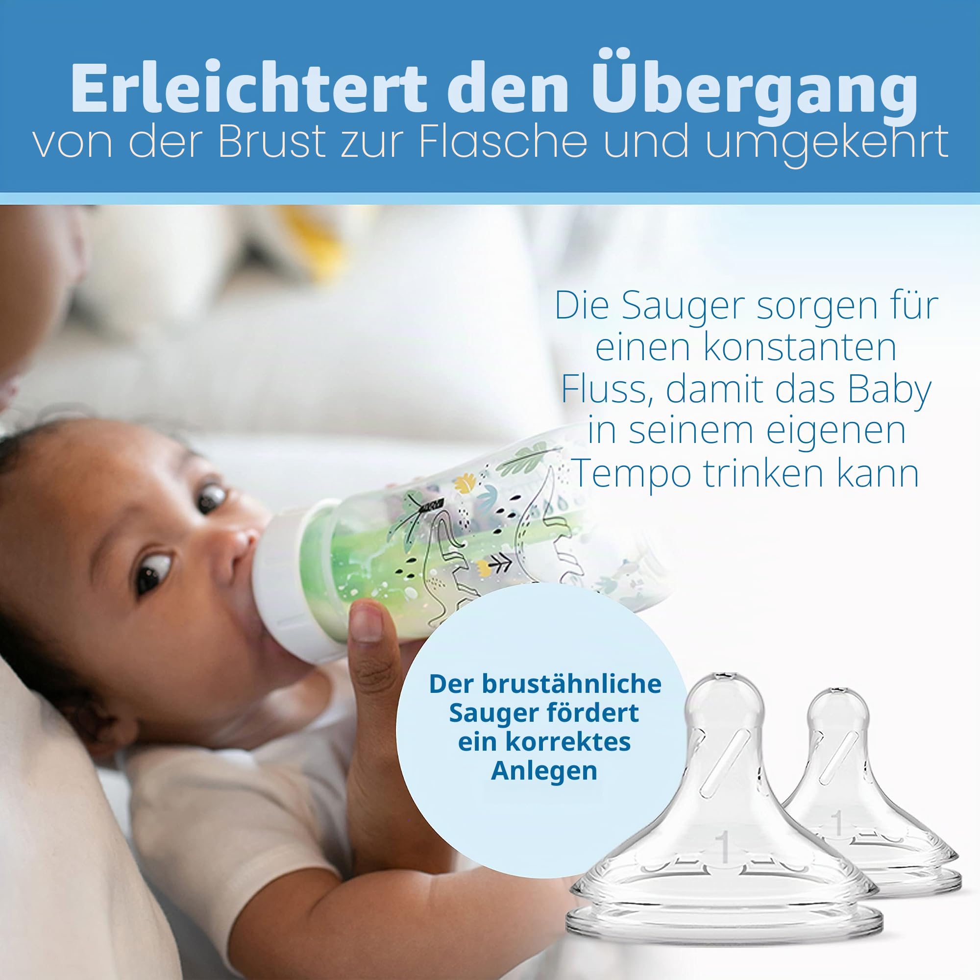 Dr. Brown's Natural Flow® Anti-Colic Options+™ Weithals-Babyflasche, Designer-Edition-Flaschen, Dino Decos, 270 ml, Level 1 Nippel, 2er-Pack, ab 0 Monaten