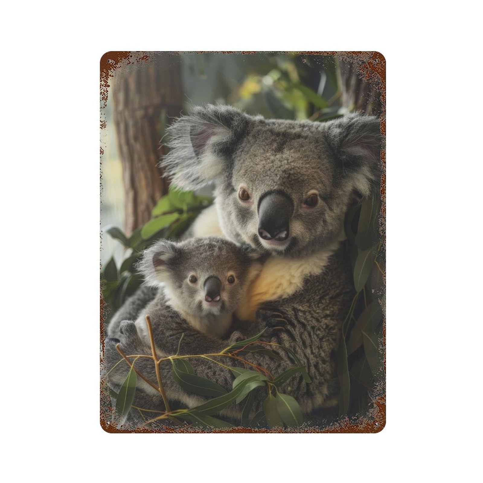 Koala Animal Family Vintage Wall Sign 15.7"x11.8", Rust Effect Metal Decor for Office, Studio And Wall Decor