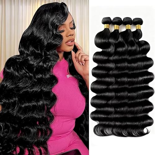 12A Human Hair Bundles 22 24 26 28 Inch Body Wave Bundles Human Hair 100% Unprocessed Brazilian Virgin Quick Weave 4 Bundle for Women Wet and Wavy Human Hair Extensions Natural Black